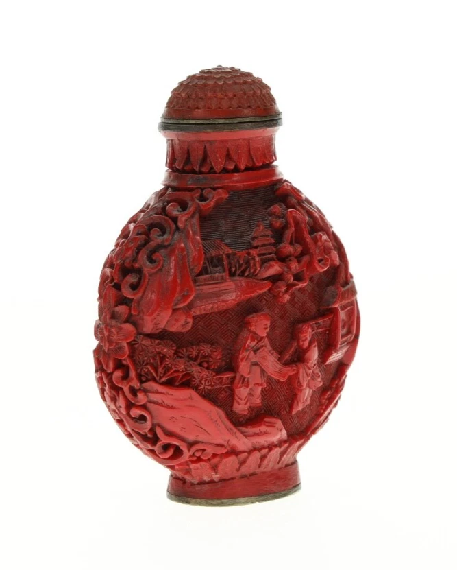 亚洲鼻烟瓶红色辛纳巴漆树脂树人宝塔标记雕刻 — 第 3/4 张图片
