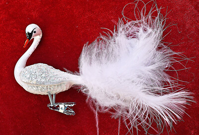   Schwan Glas Weiß Glitzer Lauscha Vogel Feder mit Clip Christbaumschmuck 60E