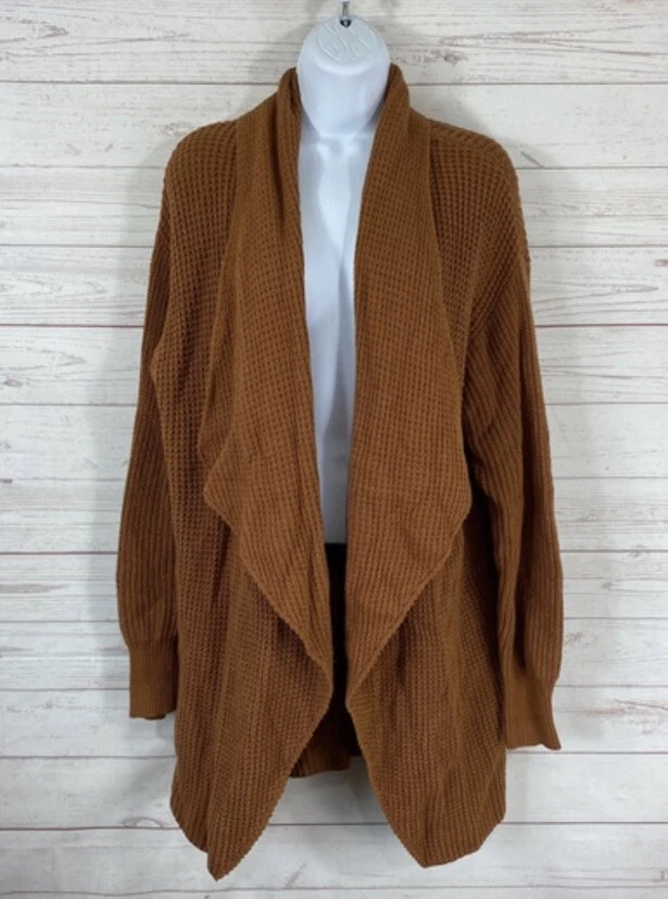 Splendid Cozy Waffle Knit Draped Waterfall Cardigan Sweater open Front Rust L