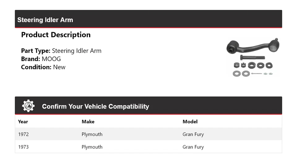 Brazo de rueda loca de dirección para Plymouth Gran Fury 1972-1973 MOOG Foto 2 de 4