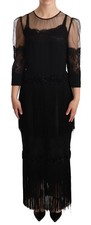 DOLCE & GABBANA Dress Black Sheer Floral Lace Crystal Maxi IT44/US10/L RRP $6000