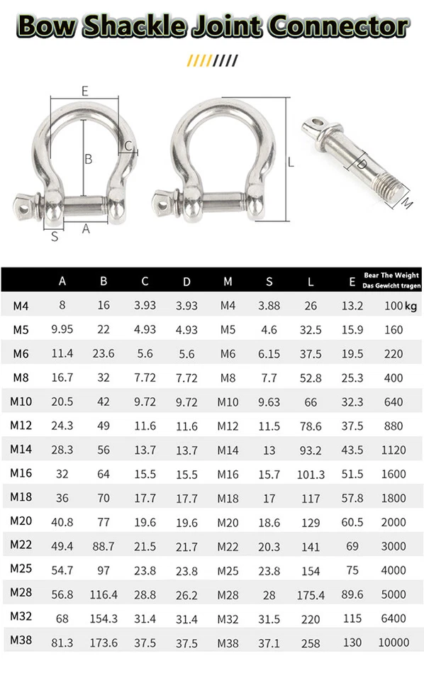304 Stainless Steel Bow/D Shackle Joint Connector Marine Grade Shackles M4-M38 - Image 3 of 4