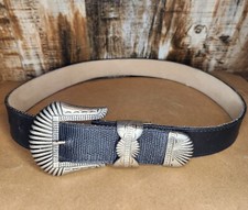 Vintage Southwest Silver Tone Etched Shell Buckle Leather Black Belt Sz S M 26"