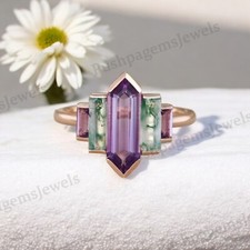 925 Sterling Silver 11x7 mm Hexagon Shape Natural Amethyst Ring Rose Gold Ring
