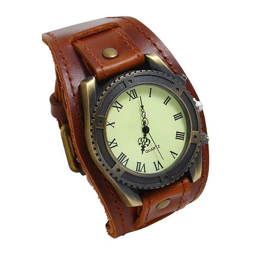 Vintage Retro Leather Cuff Bracelet Wide Band Steampunk Mens Quartz Wrist Watch - Picture 11 of 27
