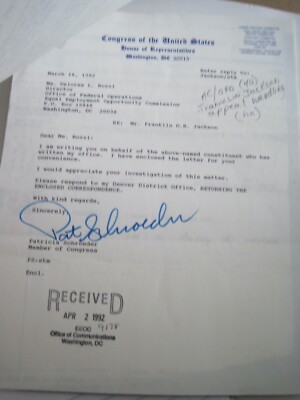 Pat Schroeder US House Of Representative Letter Colorado Other Papers 2 Signed
