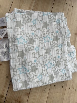 NEW! 1 SWADDLE DESIGNS Swaddling Blanket Muslin Cotton STARS Blue Gray