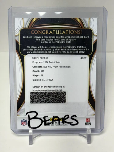 🔥 2024 Panini Select 2025 XRC Prizm Redemption TE1 Colston Loveland (Bears) 🔥