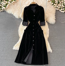 French Retro Woman Velvet Maxi Shirt Dress V-neck Button Elegant Party Black