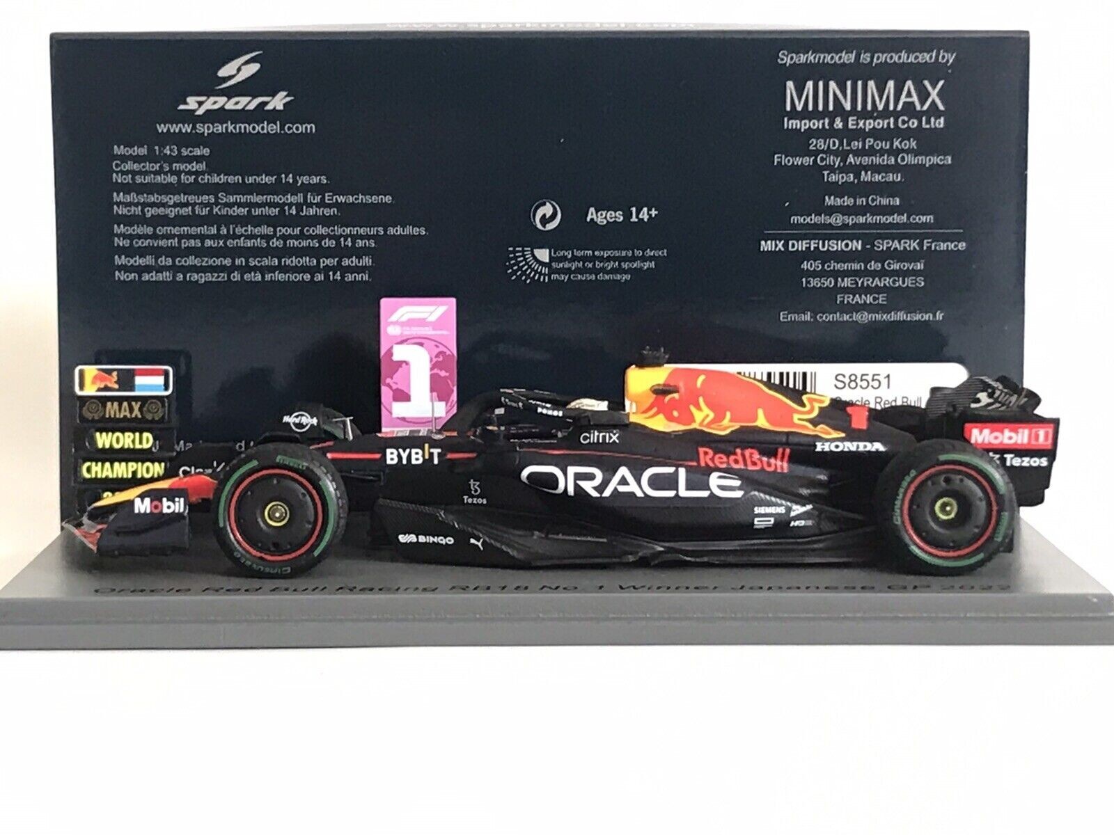 SPARK S8551 RED BULL Racing RB18 #1 2022 Verstappen GP Winner Japan 1/43