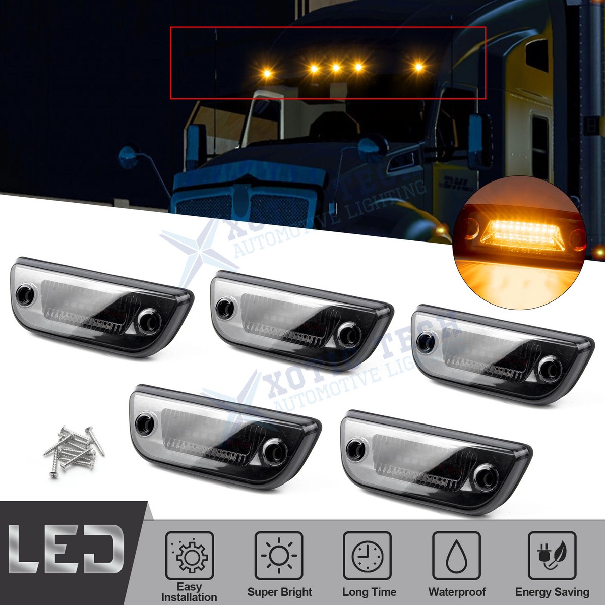 For Kenworth T680 T880 Smoked Amber LED Roof Clearance Marker