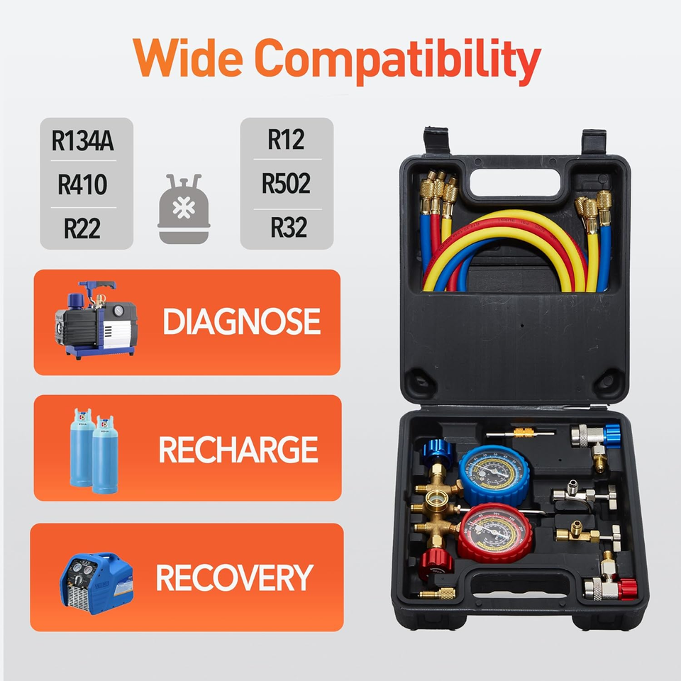 Kit Manomètre Collecteur HVAC Pour Climatisation Auto - R410A/R22/R404 - Manomètres Jaune/bleu