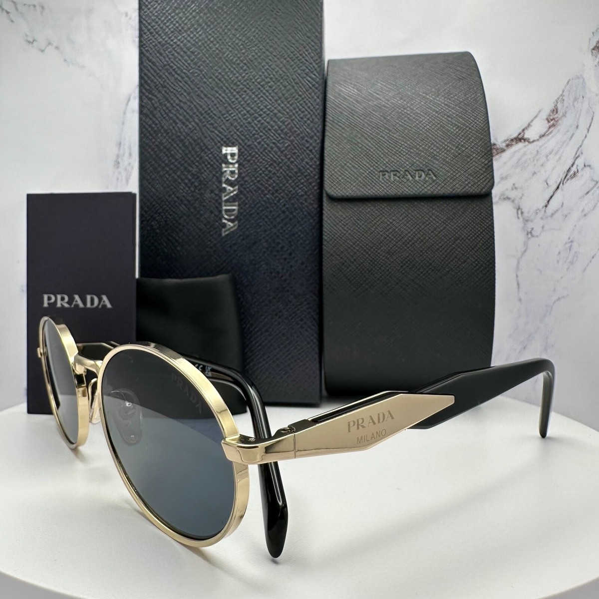 PRADA Sunglasses New Gold Metal Oval 55mm Symbole Logo Gold