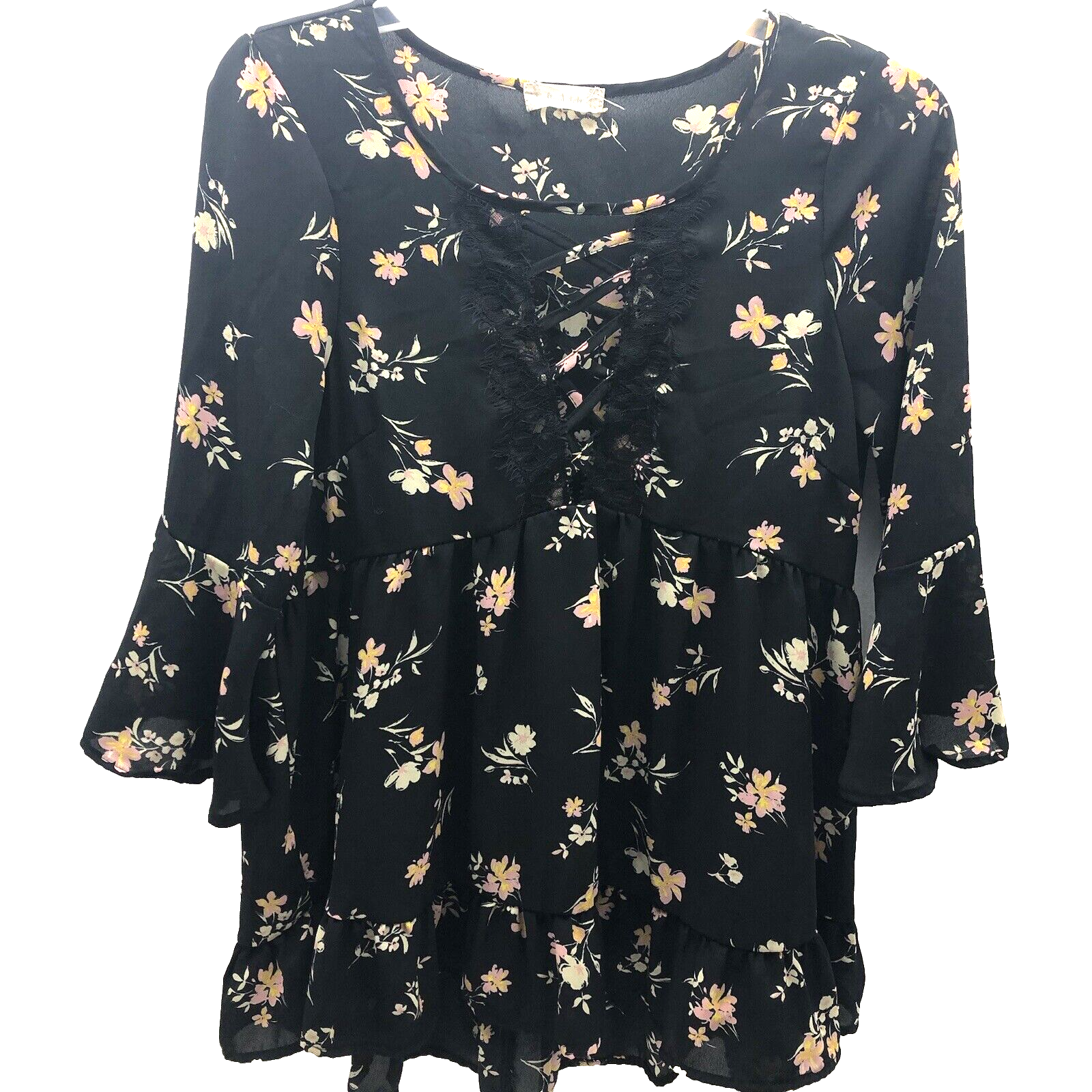 Altar' d State Blouse Womens Small Black Floral 3/4 Bell Sleeves ribbon keyhole