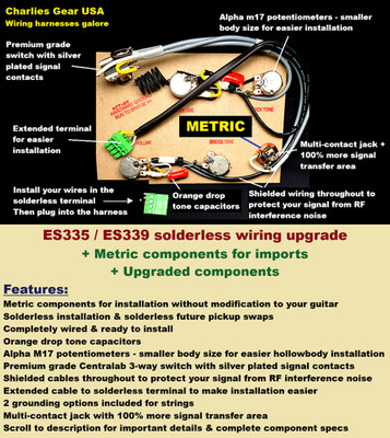 ES335/339/Sheraton METRIC Solderless Wiring Upgrade for Imports + GOLD Sw & Jack