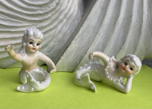Vintage Lefton Mermaid Figurines With Iridescent Tailfin And Pearls