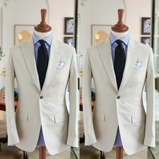 Slim Fit Mens' Suits Beige Cream Business Jacket Blazer Peak Lapel 2Pcs Formal