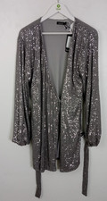 Boohoo Women's Sequin Mini Dress Size 12 Silver Plunge Wrap Kimono Belted NEW F2