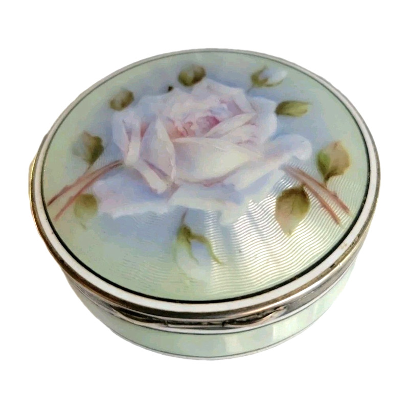 Antique Germany 935 Sterling Silver & Green Guilloche Enamel Snuff Box.