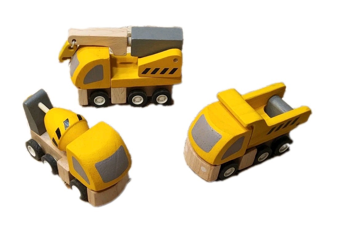 Plan Toys Plan City 3pc. Wooden Yellow Construction Trucks Dump, Crane, Mixer 3