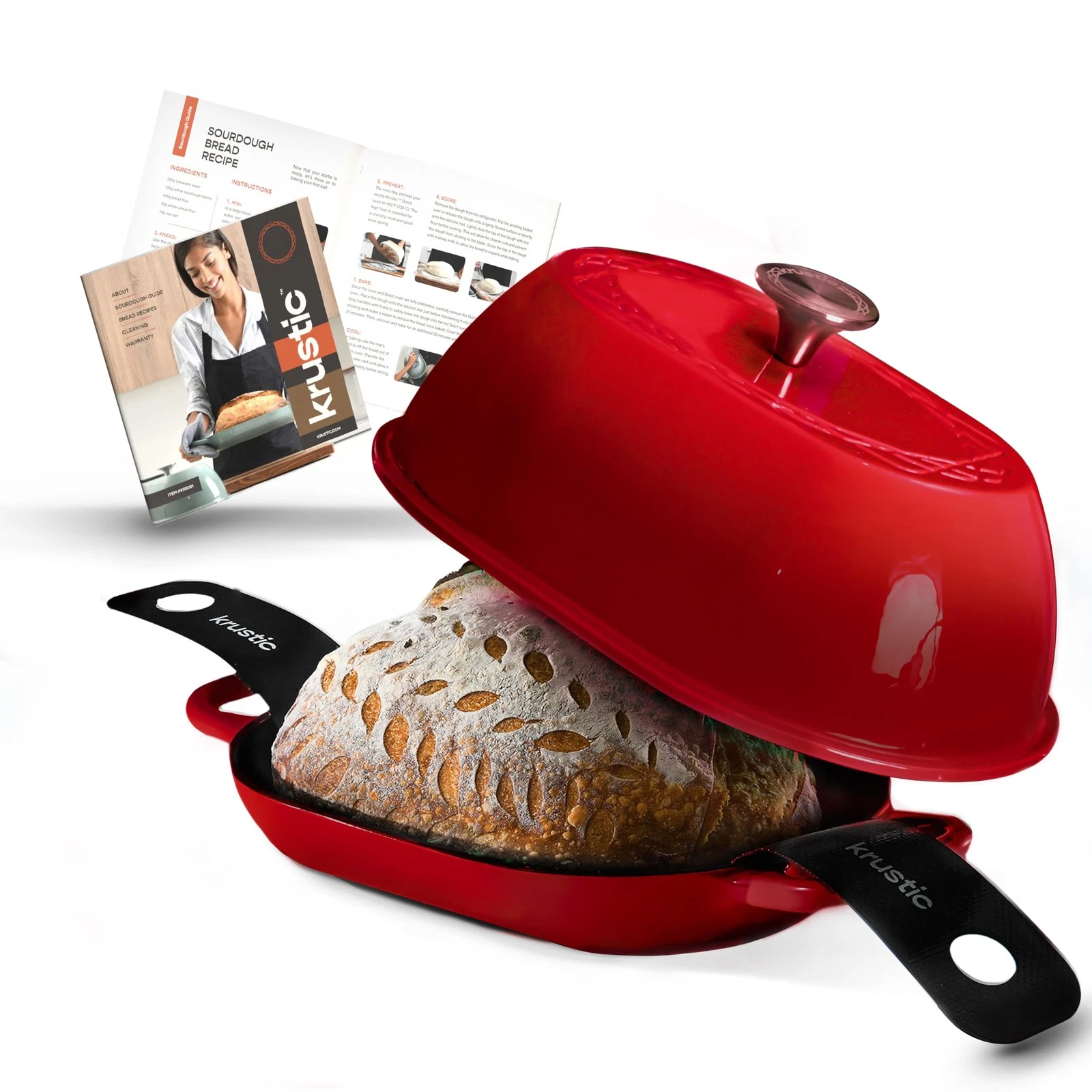 Iron Cast Dutch Oven 5.5Qt Red Triple Layer Bread Baking Krustic Enameled Quart