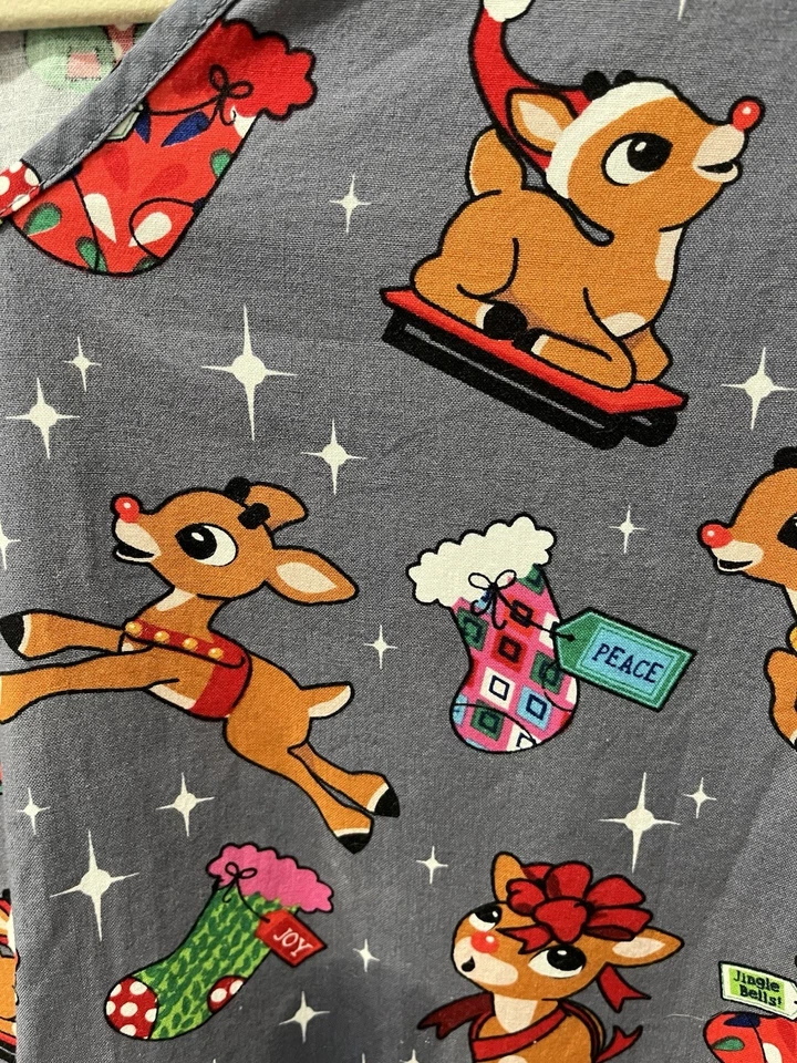 Women’s Large Christmas Scrub Top Rudolph Reindeer Gray Festive Stretch Pockets - Image 2 of 4