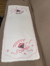 36”x16”  Table Runner Pink Black Hand Fans Bows Lace. 