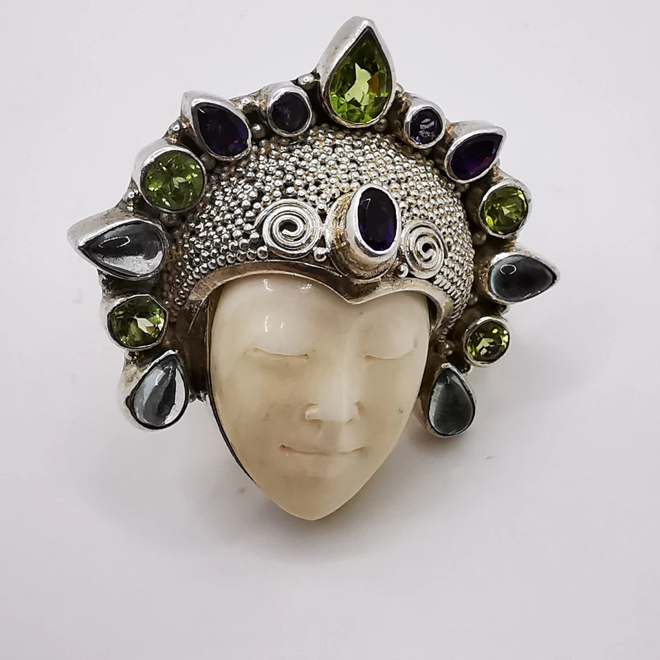 Bali Göttin Sajen Silber Ochse Knochen mit Edelsteinen Damenring Ring 925 Silber - Bild 3 von 4