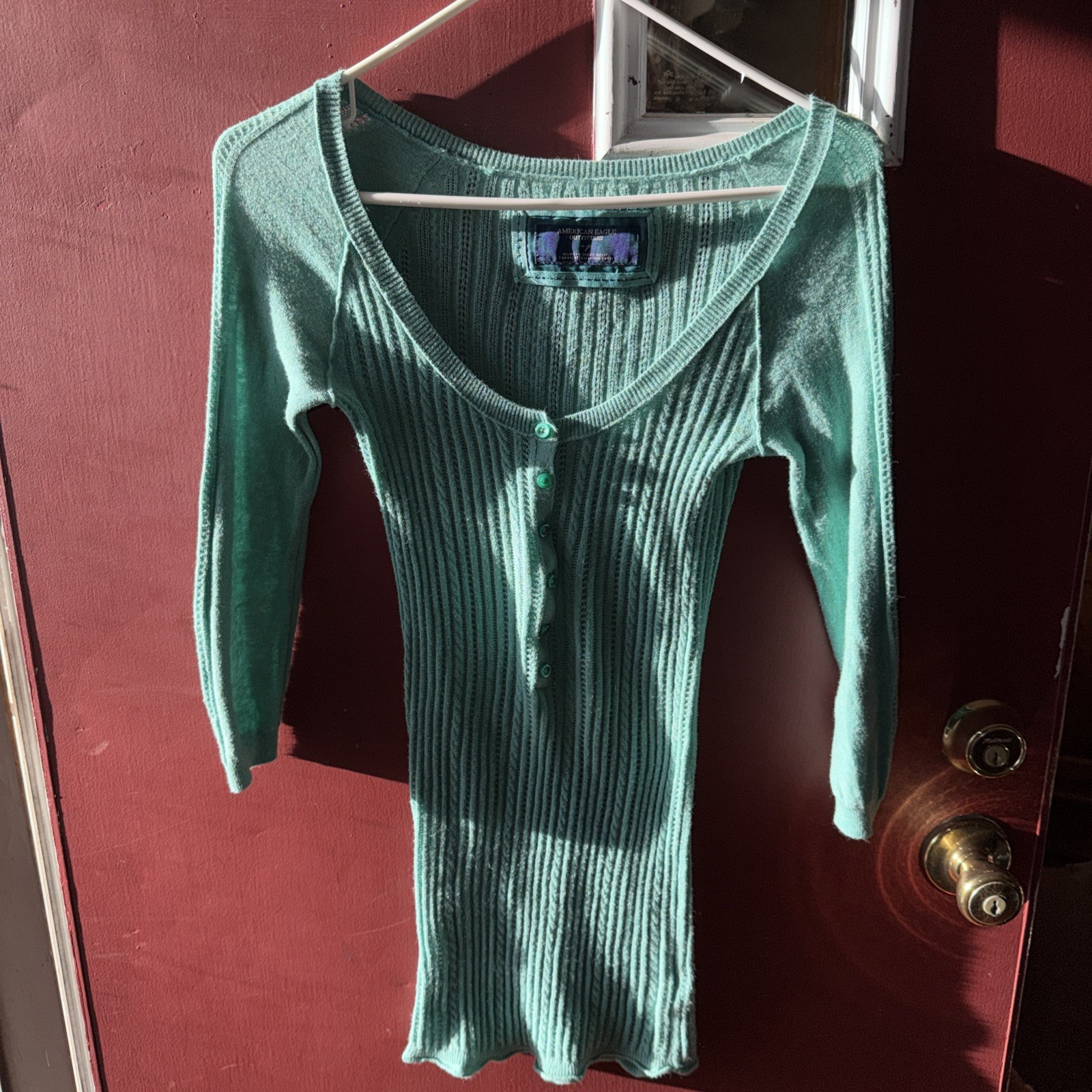 American Eagle Men's Blue Long Sleeve Henley Vintage Y2K, Size Small
