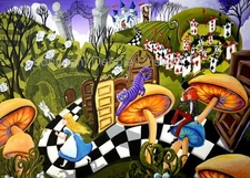 PRINT Of Painting Aceo Cat Rabbit Mad Hatter Alice Wonderland Signed Orig. Art