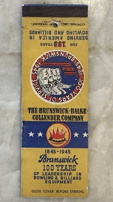 1845-1945 Brunswick 100 Years Bowling Equipment Matchbook Cover 