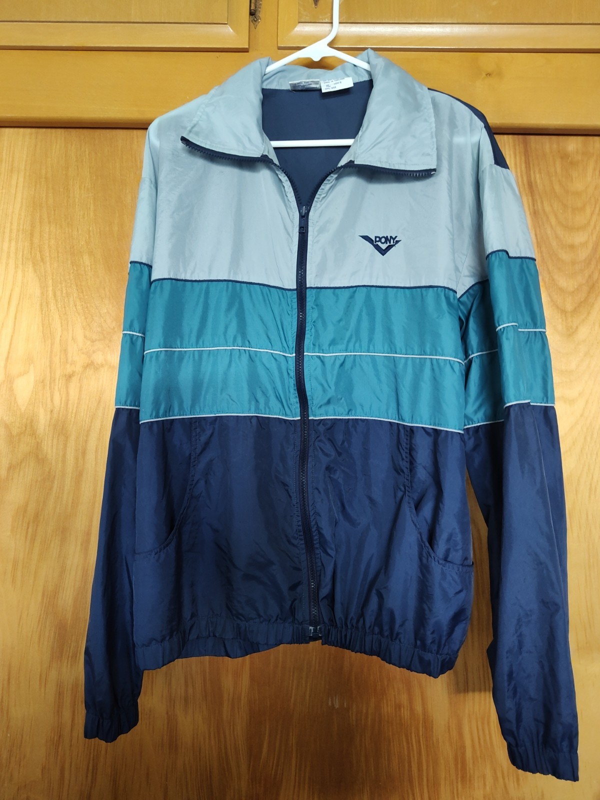 Giacca a vento vintage PONY uomo pista XL blu nylon full zip con cappuccio