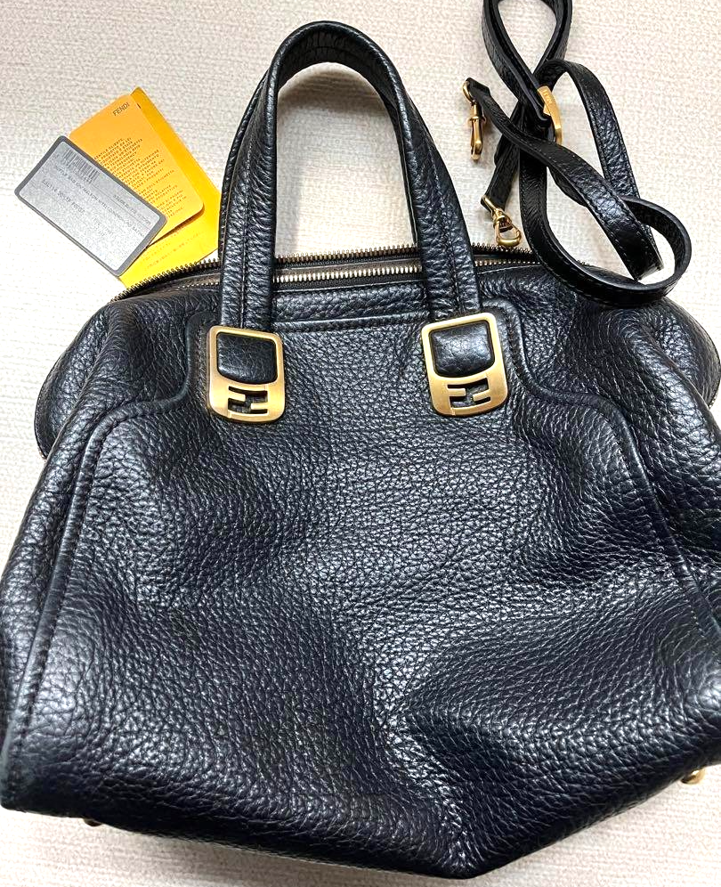FENDI Chameleon 2 Way Handbag Shoulder Bag Black Leather Gold Hardware From JP