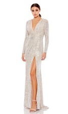 Ieena Mac Duggal Silver Long Sleeve Sequin Faux Wrap Side Slit Gown 16 398