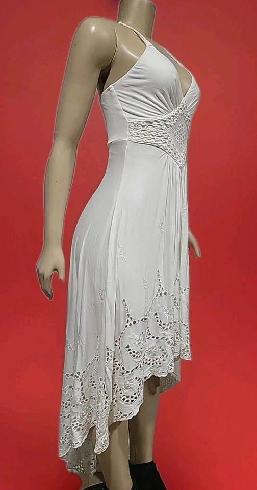 Vestido Halter Marca Sky Talla S Marfil Alto-Bajo Corte Láser Crochet Encaje #11 Foto 3 de 4