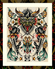 Tattoo Flash Print Traditional Demon Girl Heads