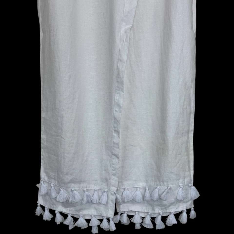 Pantalones de lino Rachel Zoe M blanco borla dobladillo pierna ancha 100 % lino cintura elástica Foto 4 de 4