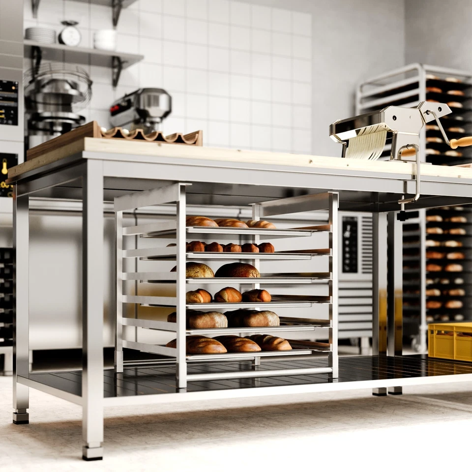 Estante para sábanas/bollos de aluminio montado debajo de la mesa de 6 niveles. NSF Foto 4 de 4