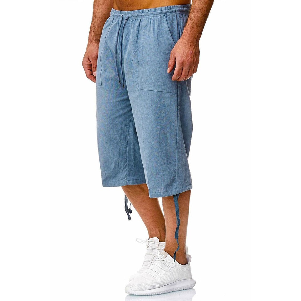 Mens Cotton Linen 3/4 Length Shorts Elasticated Waist Cargo Three