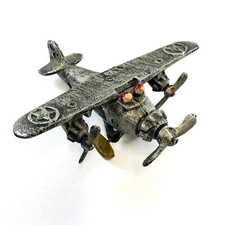 Vintage Cast Iron Pewter Airplane Toy Bomber Plane Moving Propellers