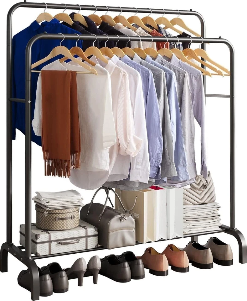 BURAKH Heavy Duty Double Clothes Rail Garment Rack Stand with Shoe Storage Display