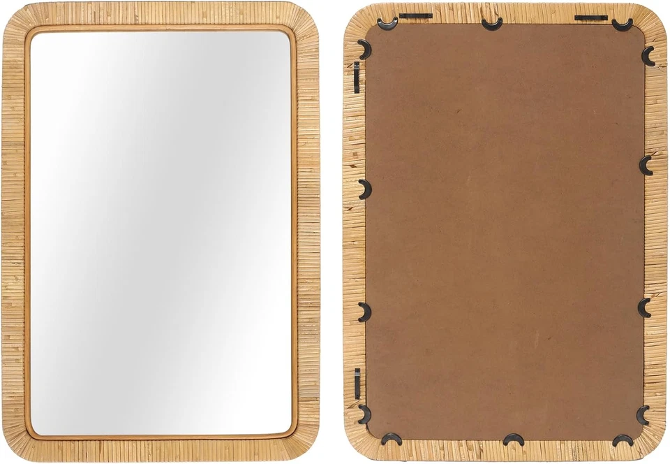 20" X 30" Rattan Wicker Rectangle Wall Mounted Bathroom Mirror for Coastal Boho - Image 3 of 4