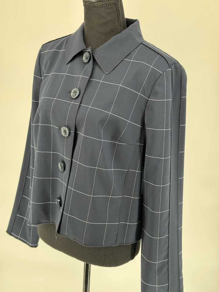 Chaqueta Blazer WORTH New York Lana Azul Marino Para Mujer M Cuadros Recortada Cuadrada Negocios Foto 4 de 4