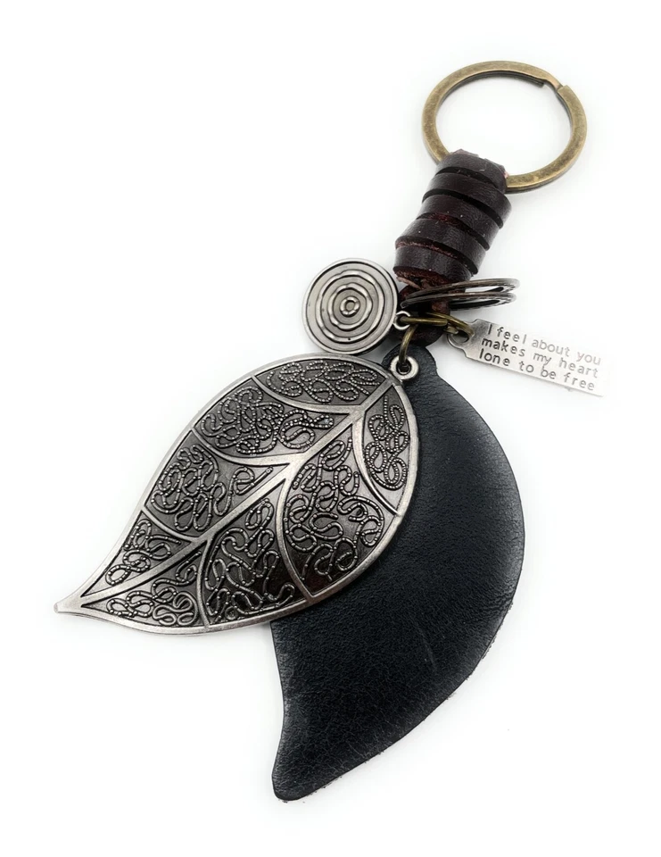 Llavero Hoja Hojas Árbol Cuero Plata Bronce - Imagen 1 de 4