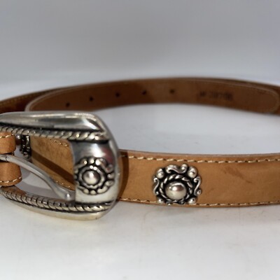 Vtg Brown Tan Leather Western Cowgirl Belt with Oval Silver 