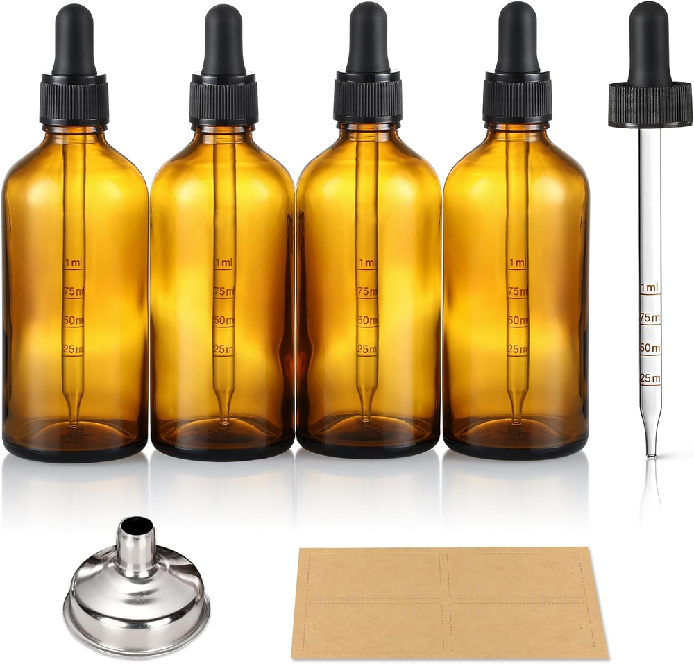 4 Oz Dark Amber Glass Dropper Bottles with Measured Dropper, 4 Pack- 120Ml Thick