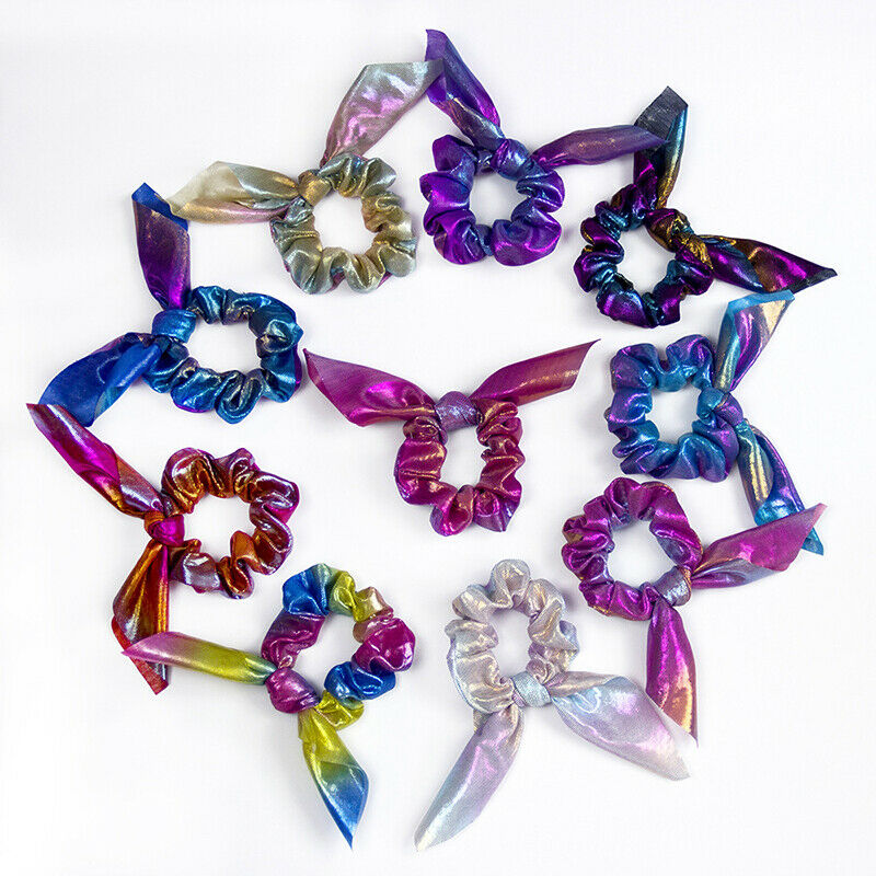Laser Metallic Scrunchies with Rabbit Ears Elastic Hair Bands for Women
