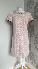 Monsoon White & Coral Lace Dress Bead Detail Neckline Size Uk 12