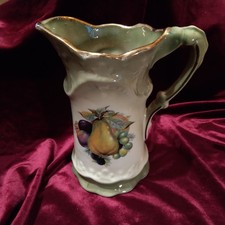 LARGE GREEN STAFFORDSHIRE IRONSTONE JUG - FRUIT DESIGN & GILT EDGING  21cm