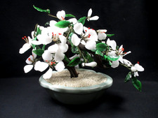 Jade Bonsai Tree In Planter - White Flowers - Approx. 10" x 8"